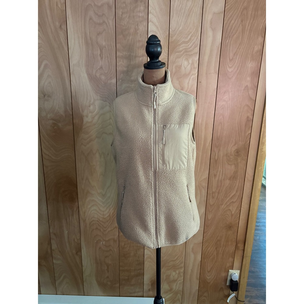 Dakini Womens Sherpa Fleece Full Zip Vest Tan Beige Size Small Mock Neck Pocket